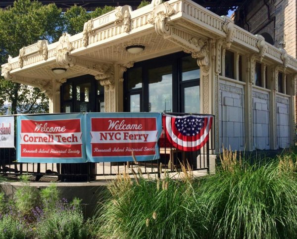 Roosevelt Island, August 2017, History Meets Future At the Visitor Center Kiosk, the Historical Society welcomes the future.